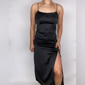 JASON WU Satin Bodice Corset Slit MIDI Dress Black Sleek Party‎